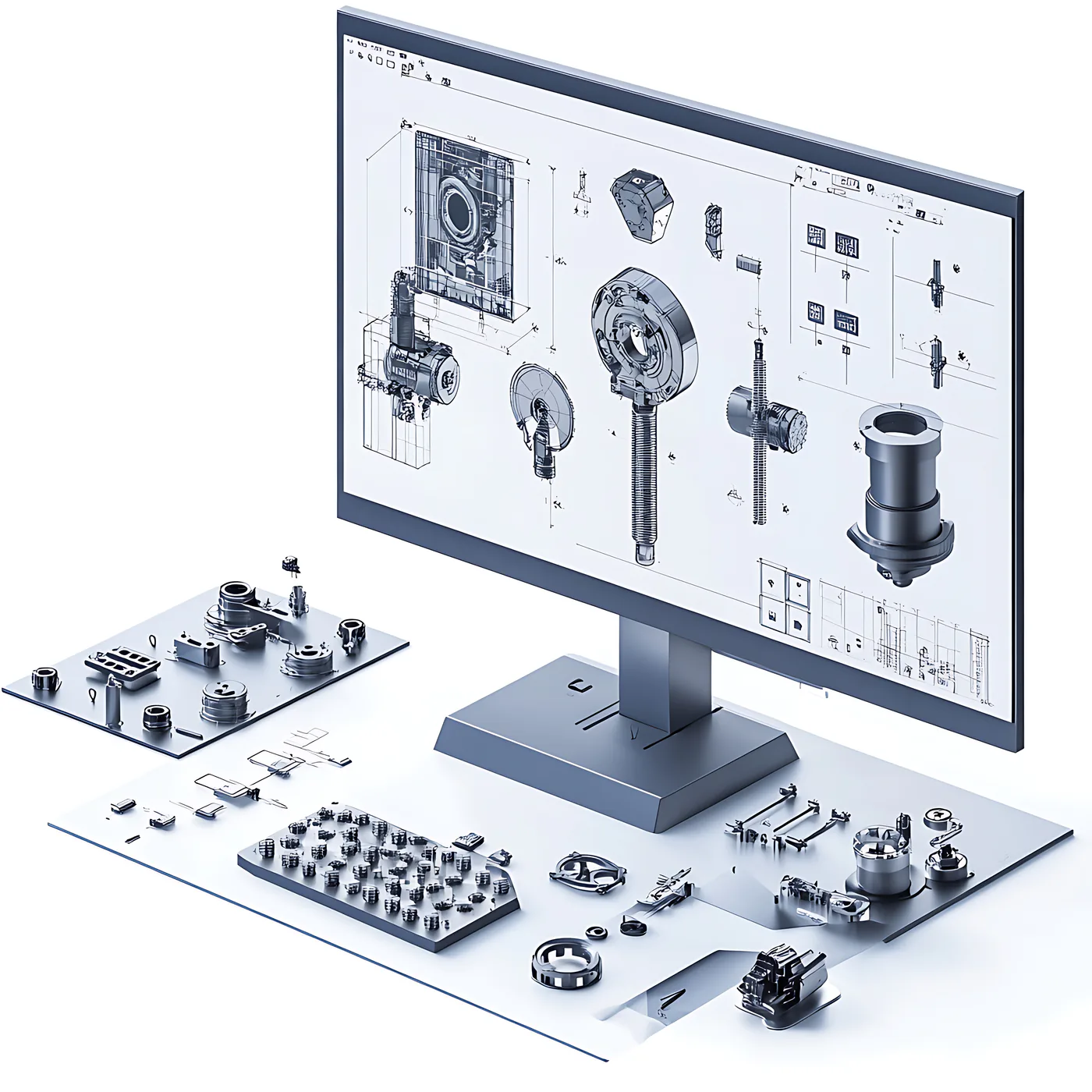 Symbolmotiv zur digitalen Konstruktion: technische Komponenten und CAD-Entwürfe