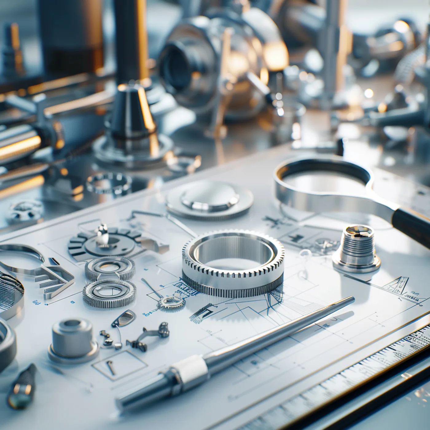 Symbolmotiv für Produktkontrolle: Lupe und mechanische Bauteile auf einer technischen Zeichnung